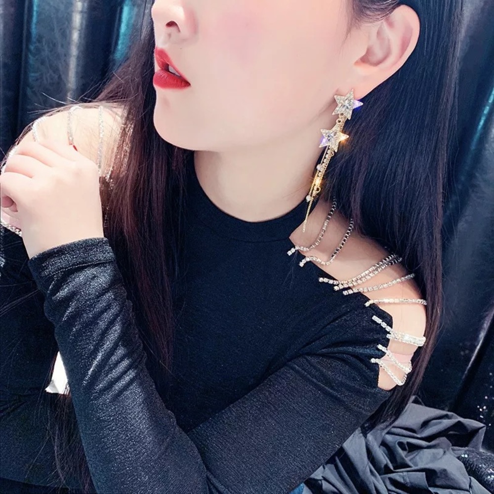 🌺Shiny Star Long Tassel crystal Drop earring - Picture 10 of 16